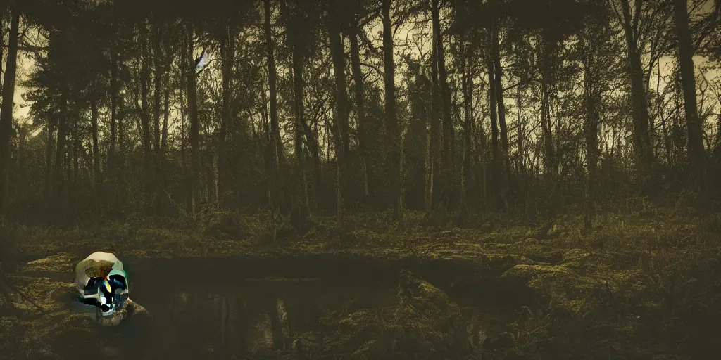 Image similar to a photo of a dream world, forest, river, skull, church, dark lighting