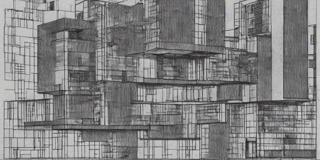 Prompt: brutalist building facing. yugoslavia, le corbusier, central symmetry, highly detailed, golden ratio, black and white color scheme, etching render