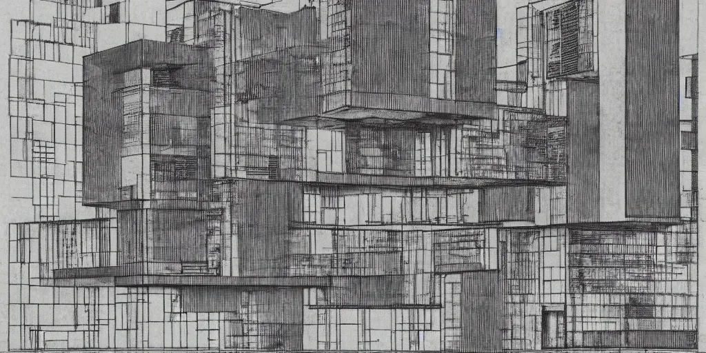 Image similar to brutalist building facing. yugoslavia, le corbusier, central symmetry, highly detailed, golden ratio, black and white color scheme, etching render