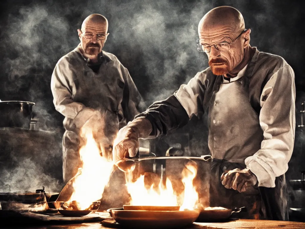 Image similar to walter white cooking eggs in a saucepan. He is looking worried. The stove is on fire. dramatic lighting, movie poster