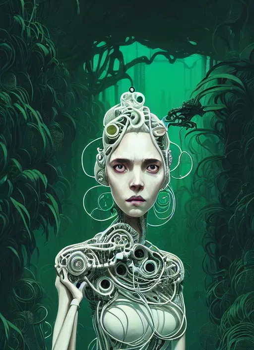 Image similar to highly detailed portrait of a biomechanical long curly white hair tribal lady, stray wiring by atey ghailan, james gilleard, by joe fenton, by greg rutkowski, by greg tocchini, by kaethe butcher, 4 k resolution, gradient green, black and white color scheme!!! ( ( forested robotic dense jungle background ) )