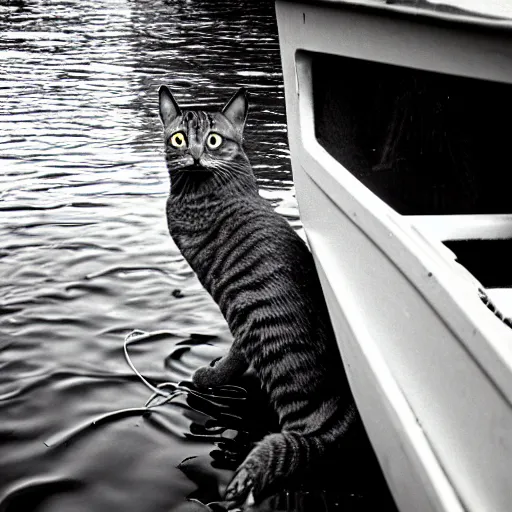 fisherman cat, cat fishing from boat, 35 mm photo | Stable Diffusion ...