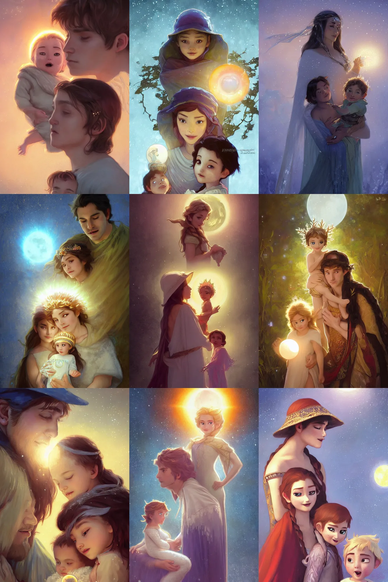 Prompt: a cinematic portrait of a beautiful family photograph close up moment of a young sun god and moon goddess magician family with child, portrait, wearing sunhat with fairy lights, Frozen Klaus film, digital painting, artstation, concept art, illustration, Frozen II art masterpiece by art by Krenz Cushart, Artem Demura, alphonse mucha, yoji shinkawa, ArtGerm, Jon Lothian, Danilo Torres, Adi Meyers, Thomas Reimann, Gaston Bussiere