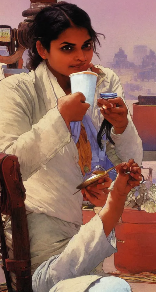 Image similar to close up of a young Indian doctor in scrubs drinking coffee, sun shining, photo realistic illustration by greg rutkowski, thomas kindkade, alphonse mucha, loish, norman rockwell.