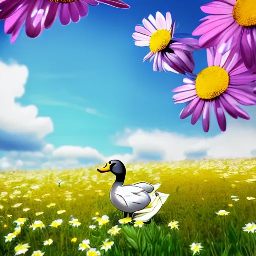 Image similar to a duck in a field of daisies on a bright sunny day, duck surrounded by daisies, with clouds in the sky, lots of little daisies in the field, spring, nature, beautiful, disney pixar style, super resolution, extremely detailed, 4k