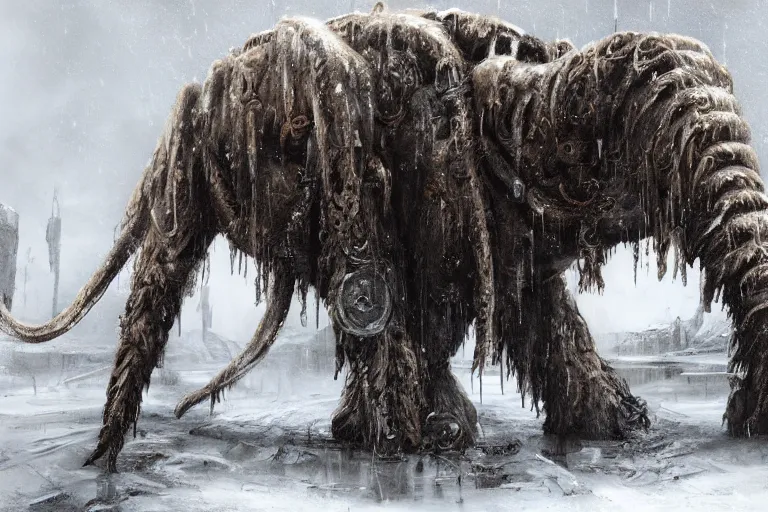 Prompt: a giant steampunk mammoth, post - apocalyptic ice landscape in snowstorm, concept art by hr giger, artstation, highly detailed, digital art