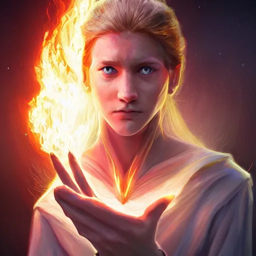 Prompt: a stunning portrait of a young human wizard, forming a burning hand spell, highly detailed digital art, 4 k trending on artstation