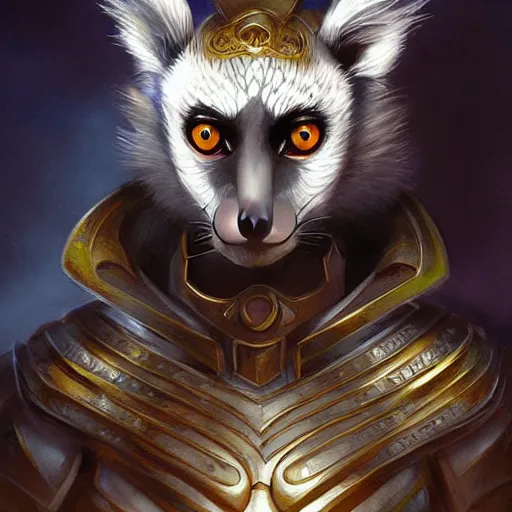 Image similar to lemur in knight armor, sun in the background, intricate, elegant, fantasy, highly detailed, digital painting, artstation, concept art, smooth, sharp focus, illustration, art by artgerm