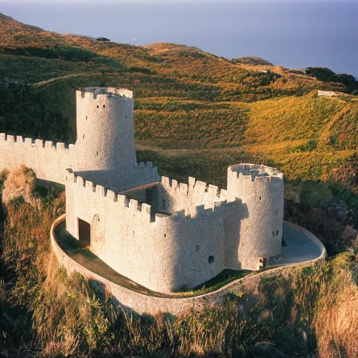 Image similar to castle designed by renzo piano overlooking big sur. landscape design by andre le notre. fujinon premista 1 9 - 4 5 mm t 2. 9. portra 8 0 0. w 1 0 8 8