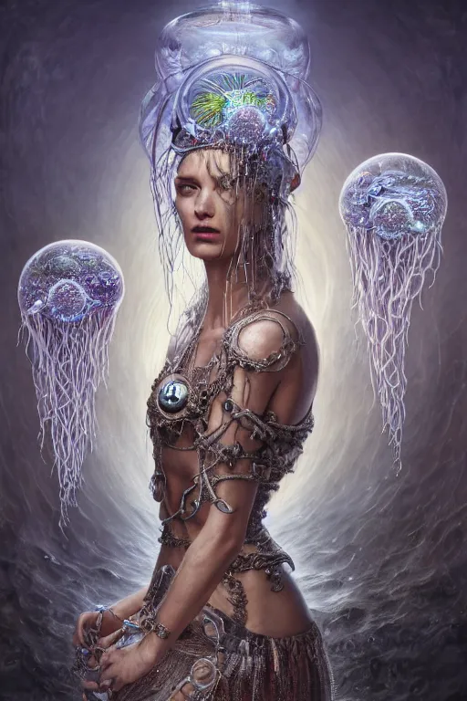 Image similar to a centered render of a wild post apocalyptic goddess with wearing ornate silver and gemstones and crystal clothing surrounded by flowing liquid gallium jellyfish and sacred geometry, perfect body and face, gorgeous, cinematic, beautifully lit, by tomasz alen kopera and peter mohrbacher, 3 d, trending on artstation, octane render, 8 k