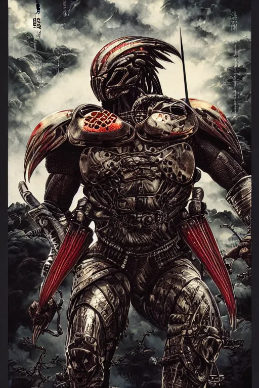 Image similar to poster of the predator with japanese armor and helmet, by yoichi hatakenaka, masamune shirow, josan gonzales and dan mumford, ayami kojima, takato yamamoto, barclay shaw, karol bak, yukito kishiro