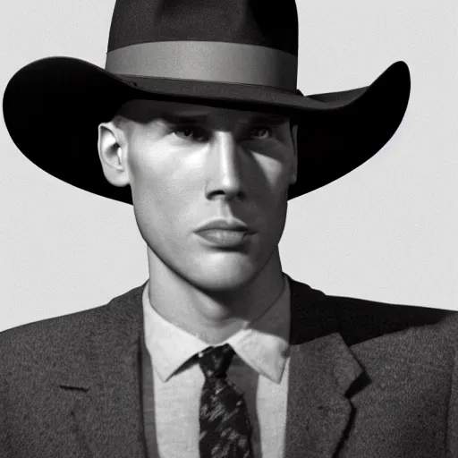 Image similar to A photograph portrait of Jerma985 wearing a suit with and fedora in the 1950s, taken in the early 1950s, grainy, taken on a 1950s Kodak Camera, realistic, hyperrealistic, very realistic, highly detailed, very detailed, extremely detailed, detailed, digital art, trending on artstation