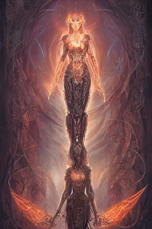 Image similar to Ethereal Beautiful Flame Goddess wearing Biomechanical Armor Imbued with Glowing Water Runes, digital art, fantasy, magic, professional illustration by Seb McKinnon, WLOP, and artgerm, illustration