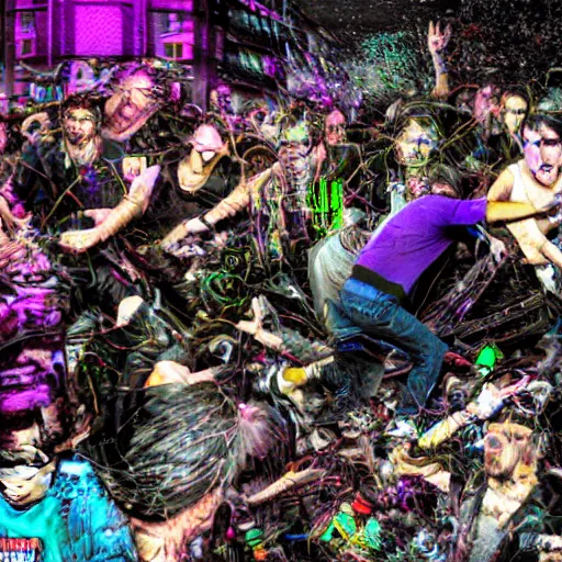 Image similar to a photograph datamoshing moshpit trader trash, weird, argentic, dust and scratches, by Jon Rafman