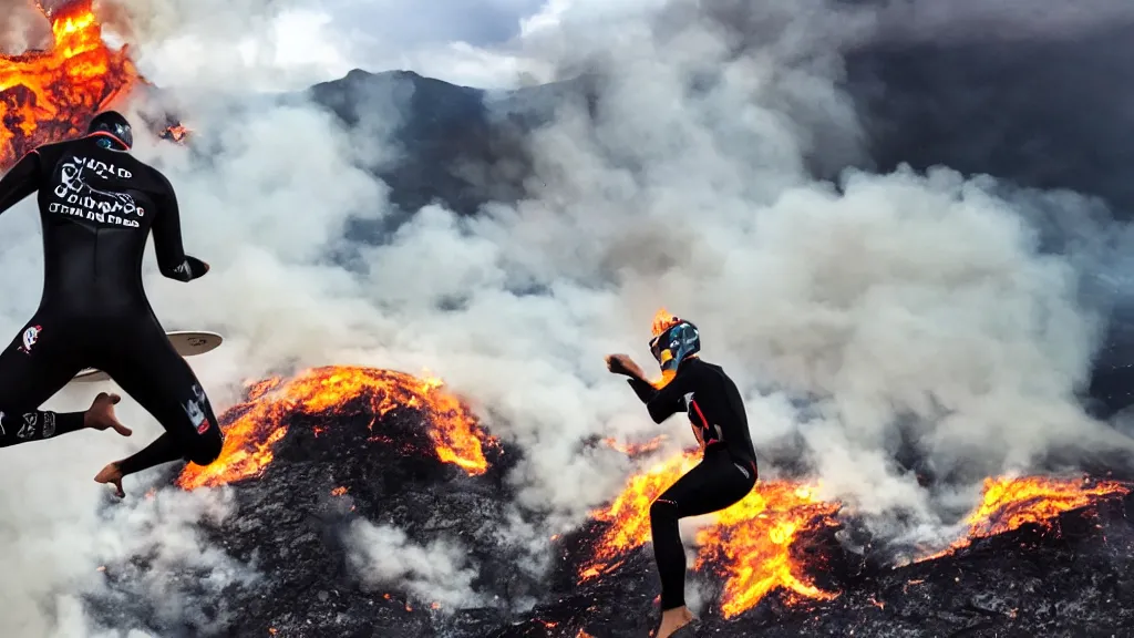 Image similar to person wearing a sponsored team jersey with logos jumping out of a helicopter with a surfboard into a volcano, action shot, dystopian, thick black smoke and fire, sharp focus