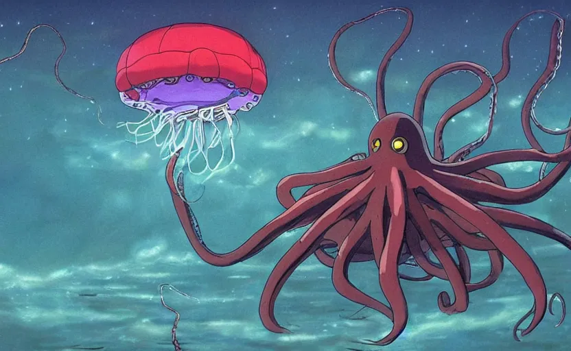 Image similar to a realistic cell - shaded studio ghibli concept art from paprika ( 2 0 0 6 ) of a flying multi - colored octopus from close encounters of the third kind ( 1 9 7 7 ) and a dimensional portal to another world above a flooded puma punku on a misty starry night. very dull colors, wide shot, hd, 4 k, hq