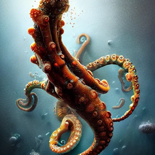 Prompt: hyperrealistic mixed media image of a cephalopod with proportional human hands, stunning 3 d render inspired art by greg rutkowski and xiang duan and thomas eakes, perfect symmetry, realistic, highly detailed attributes and atmosphere, dim volumetric cinematic lighting, 8 k octane extremely hyper - detailed render, post - processing, masterpiece,