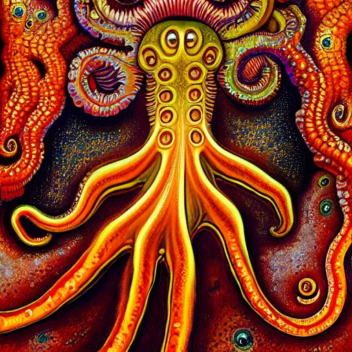 Image similar to fiery whimsical emotional eyes cephalopod, surreal painting by Ernst Haeckel, in a photorealistic macro photograph with shallow DOF, artstation