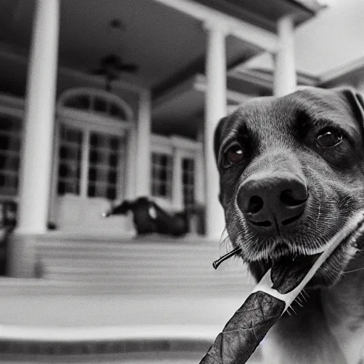 Image similar to a very detailed photo of a dog ( smoking a cigar ) outside the mansion by the pool