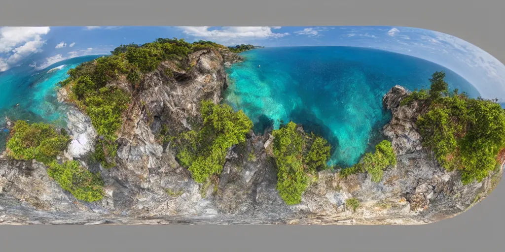 Prompt: equirectangular 360 photo of the perfect island, colorful, by Andy Thomas, Mario Martinez, Daniel Mirante, Gustave Dore, Artstation, CGsociety, masterpiece