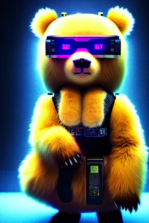 Prompt: high quality 3 d render very cute fluffy cyberpunk bear! plays electric guitar, cyberpunk highly detailed, unreal engine cinematic smooth, in the style of blade runner & detective pikachu, hannah yata charlie immer, moody light, low angle, uhd 8 k, sharp focus