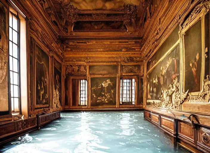 Image similar to a renaissance castle room flooded with water,