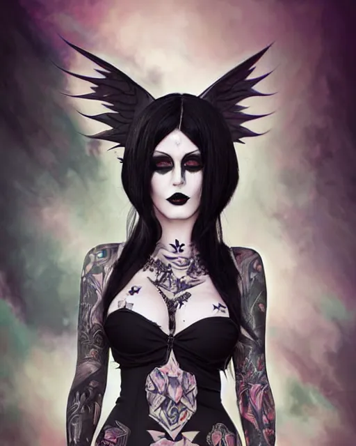 Prompt: portrait of beautiful fully tattooed goth girl cosplay with black hair, black makeup, bikini armor, art by stanley lau and artgem and wlop and magali villeneuve