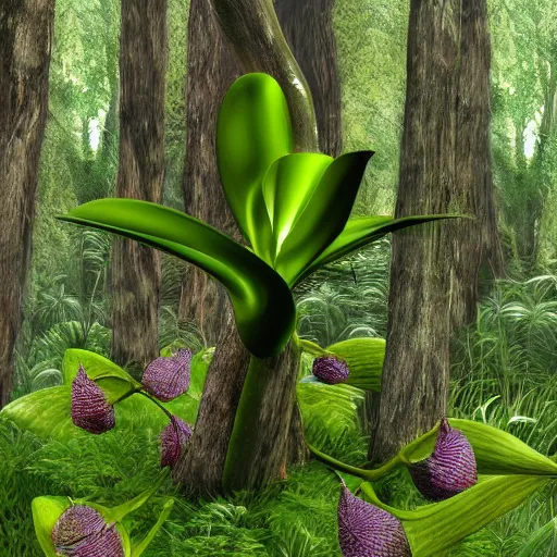 Image similar to giant orchid in forrest, highly detailed, photorealistic