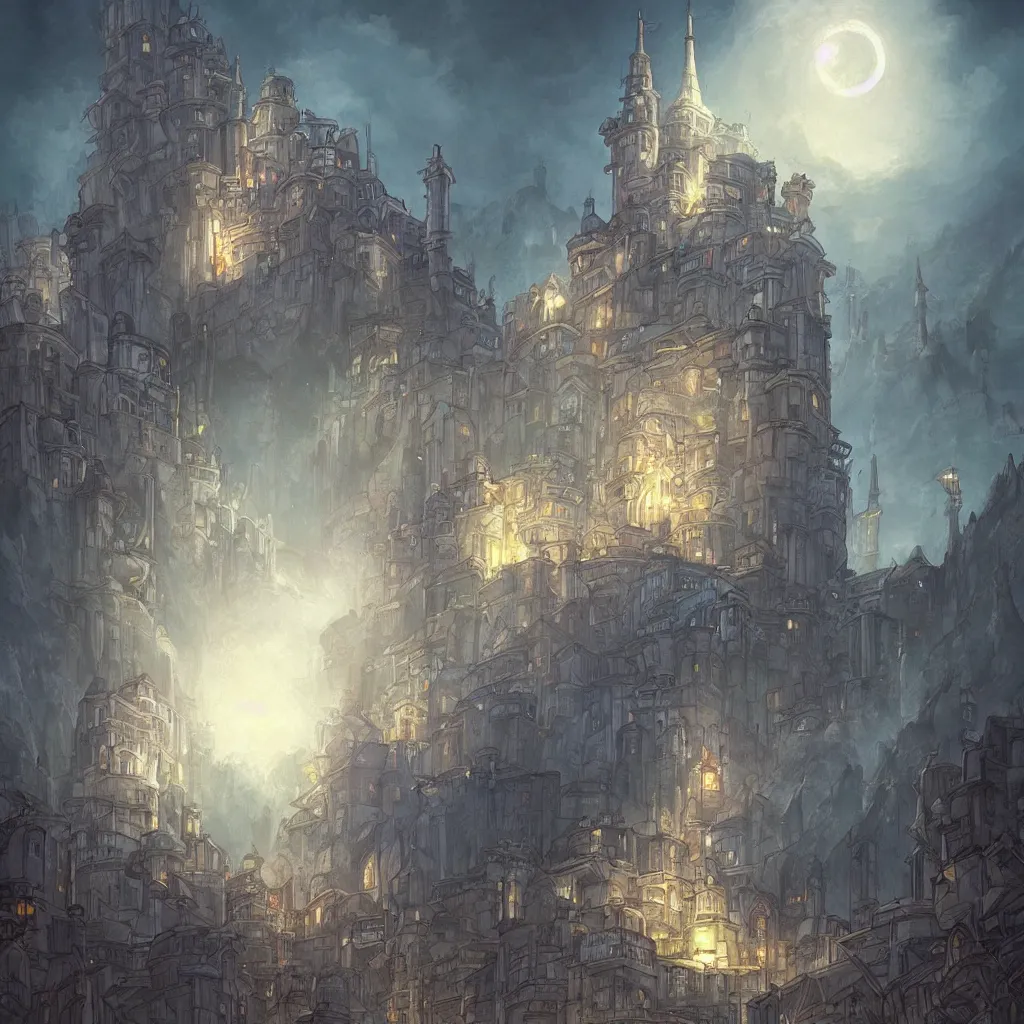 Prompt: there is a glowing white tower in the dark city, fantasy art, 2 d game art, by studio ghibli