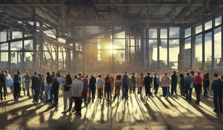 Prompt: large group people in simple warehouse, looking at hologram of futuristic city on a table, cinematic concept art, godrays, golden hour, natural sunlight, 4 k, clear details, tabletop model buildings, center model buildings, hologram center, crane shot, crane shot, crane shot, clear details, windows