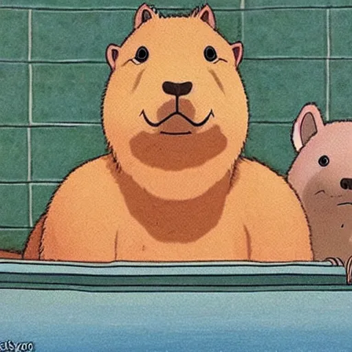 Image similar to capybara in the bathtub from the movie spirited away by hayao miyazaki, studio ghibli, animated movie, anime, beautiful animation, illustration