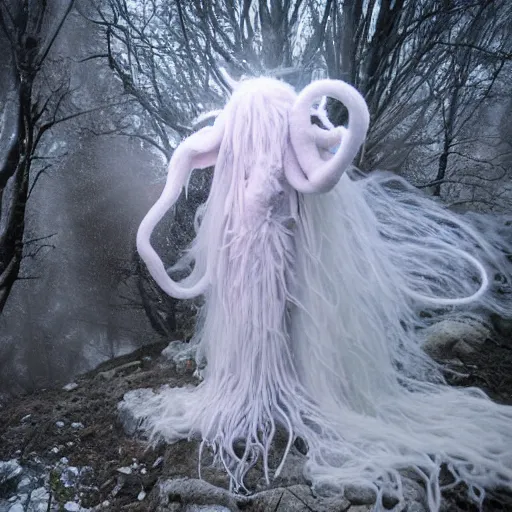 Image similar to an ethereal fluffy ghostly live action muppet wraith like figure with a squid like parasite latched onto its head and four long tentacle arms that flow lazily but gracefully at its sides like a cloak while it floats around a frozen rocky tundra in the snow searching for lost souls and that hides amongst the shadows in the trees, this character has hydrokinesis and electrokinesis is a real muppet by sesame street, photo realistic, real, realistic, felt, stopmotion, photography, sesame street