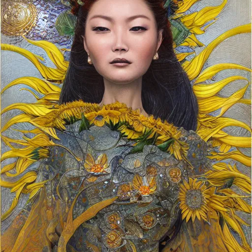 Image similar to a china cat sunflower walking proudly jingling in the midnight sun with a bodhi that drips a silver kimono Like a crazy quilt star gown through a dream night wind, intricate and complexly detailed oil painting, by Karol Bak and Tony Diterlizzi, influenced by Artgerm, golden hour scene, multi-dimensional, 8k, octane rendering,