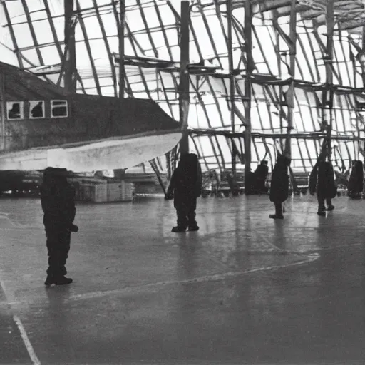 Image similar to flarge black triangle ship inside a hanger, old photo, vintage photo, grainy, realistic, real photo, men in hazmat suits standing around