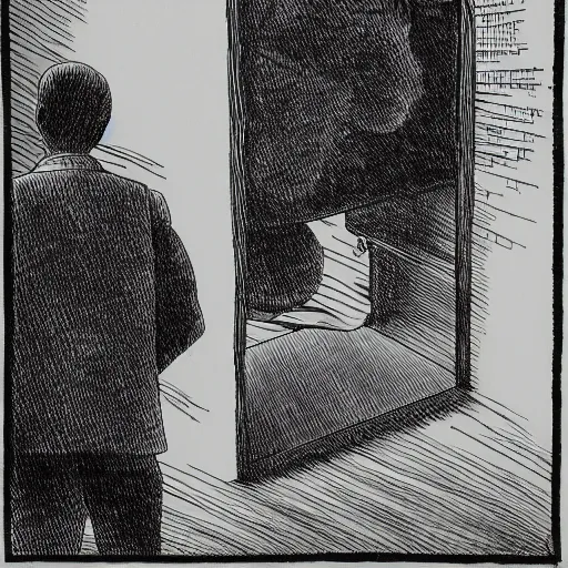 Image similar to highly detailed fine art fineliner drawing of a man entering a machine, Bright white paper, jet black ink, no bleeding. NO Sketch