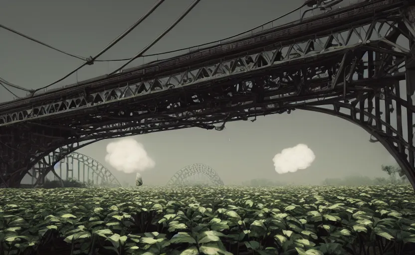 Prompt: explosions in the form of realistic cotton plants cover harbour bridge, huge cotton plants everywhere, smooth, sharp focus, highly detailed, 3 d octane render, epic lighting, dark atmosphere, lots of cotton plants, 8 k, by goro fujita