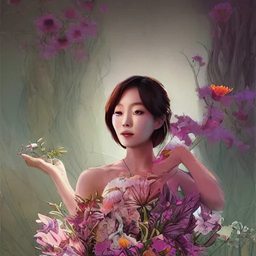 Image similar to portrait of hong jin - young, 홍진영, smiling with flowers in hands. sharp focus, cinematic pose, cinematic lighting, unreal engine render. art by josan gonzales and moebius and deathburger.