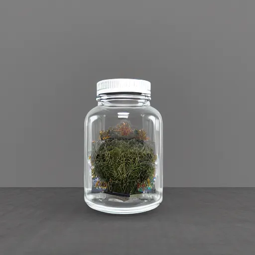 Prompt: glass jar, inside is a rich utopian solarpunk city with dystopian hellscape underneath