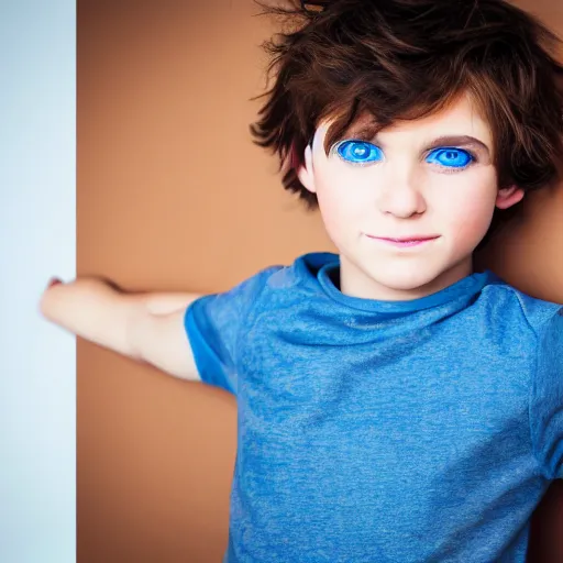 Image similar to a full body extremely photorealistic and detailed photo of a boy with blue eyes and brown hair