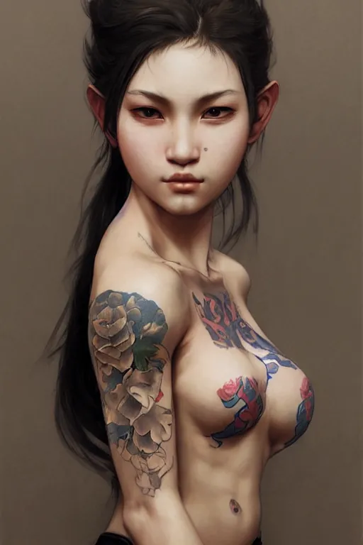 Image similar to portrait of yakuza girl with tattoo, highly detailed, digital art from artstation by Ruan Jia and Mandy Jurgens and Artgerm and william-adolphe bouguereau