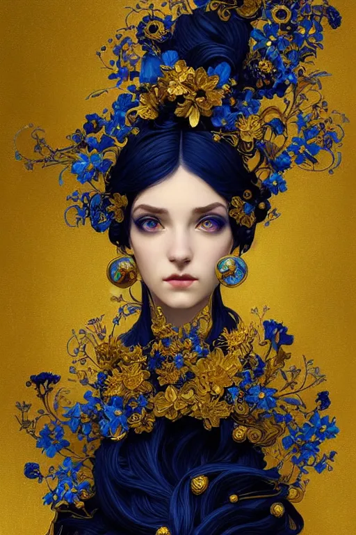 Image similar to beautiful black blue yellow, complicated gold and blue flowers in baroque style headwears, dark fantasy, intricate, elegant, highly detailed, digital painting, artstation, concept art, matte, 3 d 8 k octane rendered, sharp focus, illustration, octane rendered, art by artgerm and alphonse mucha, leesha hannigan