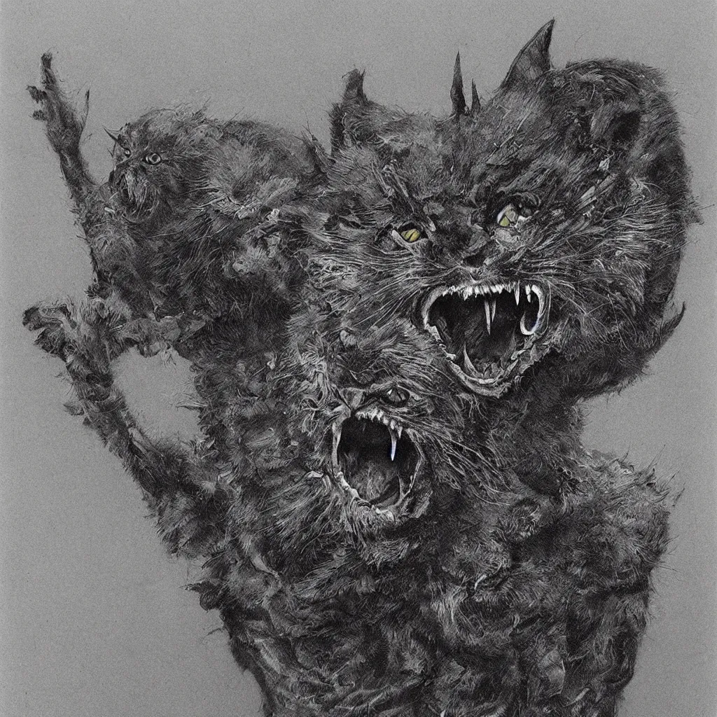 Prompt: horrifying and demonic cat with fangs and talons, in the style of zdislaw beksinski