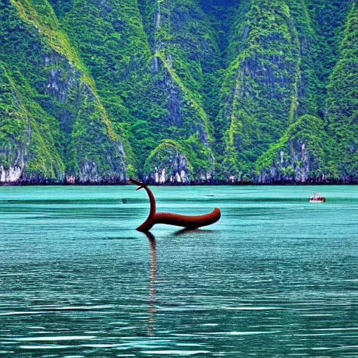 Prompt: 8k photograph of the Loch Ness monster in halong bay, Vietnam. National Geographic.