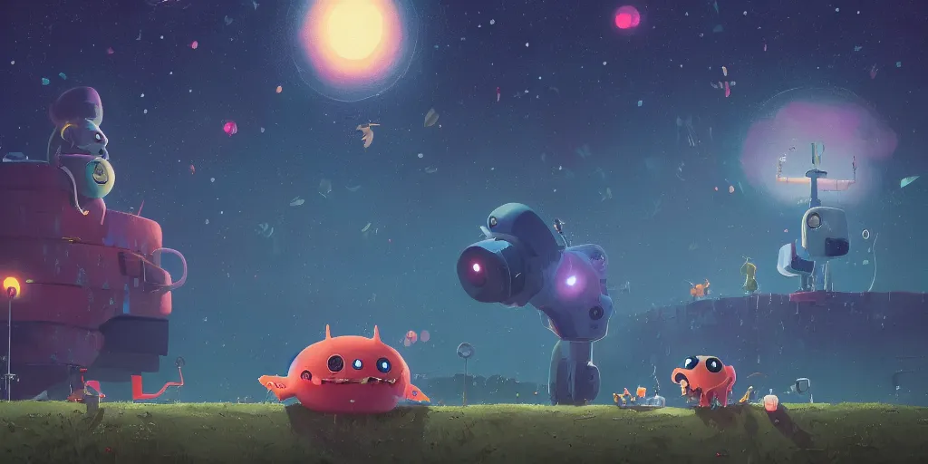 Prompt: cute monsters and starry sky night by Goro Fujita and Simon Stalenhag , 8k, trending on artstation, hyper detailed, cinematic