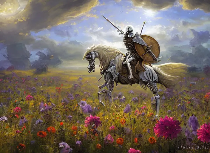 Prompt: a knight's skeleton killed long ago lays in a vast flower field in the cosmic sky by vladimir volegov and alexander averin and peder mørk mønsted and adrian smith and raphael lacoste