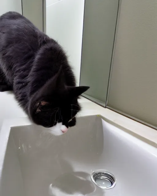 Image similar to Wide view of a Fluffy cat drinking water from a bathroom sink