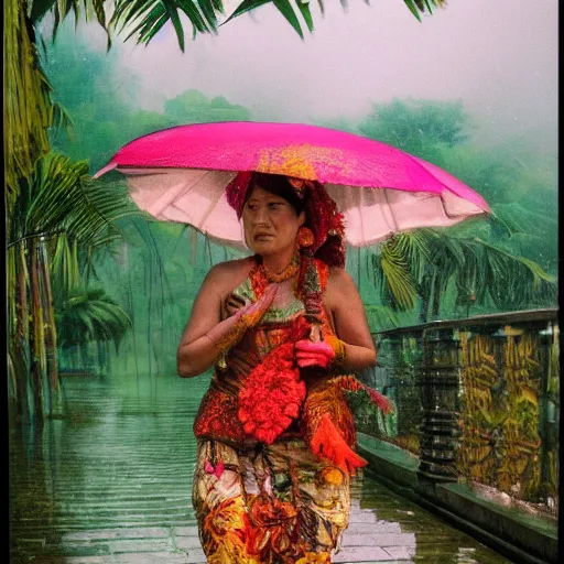 Image similar to monsoon on tropical island, oriental woman, ornate, beautiful, atmosphere, vibe, mist, coconuts, rain, wet, pristine, puddles, melting, dripping, snow, creek, lush, ice, bridge, forest, roses, flowers, by francis bacon