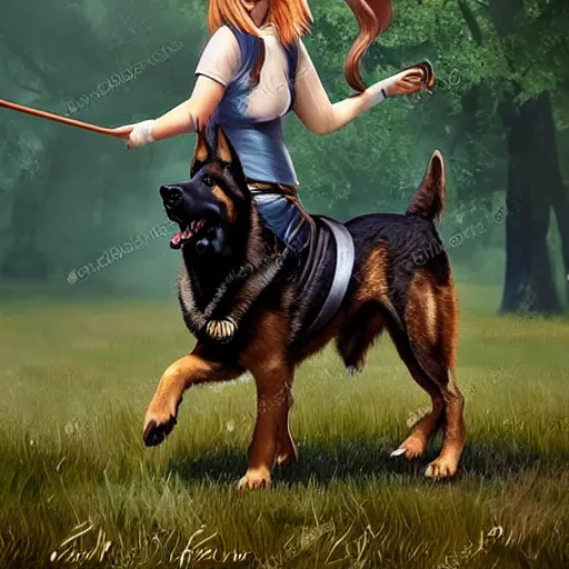 Image similar to girl riding a giant German shepherd in the park, trending on artstation