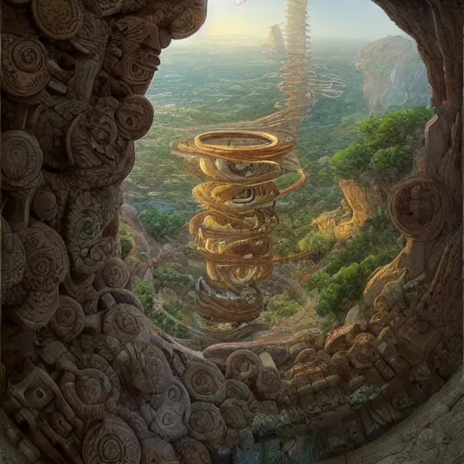 Image similar to a gigantic paleolothic torus made of stone with highly detailed carvings of intricate shamanic robotic electronics and circuitry, in a mediterranean lanscape, inside a valley overlooking the sea, in the style of andreas rocha