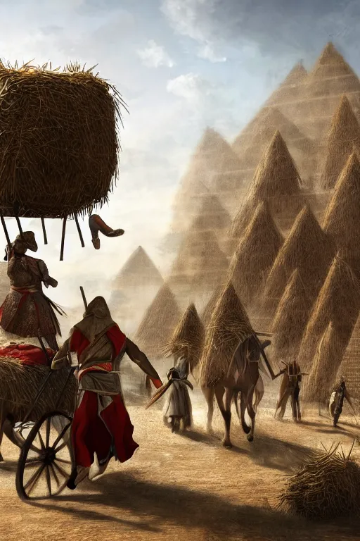 Prompt: ezio audotire plunging into a cart filled with haystack, background has pyramids and dromedaries walking by, digital art, trending on artstation, 4 k